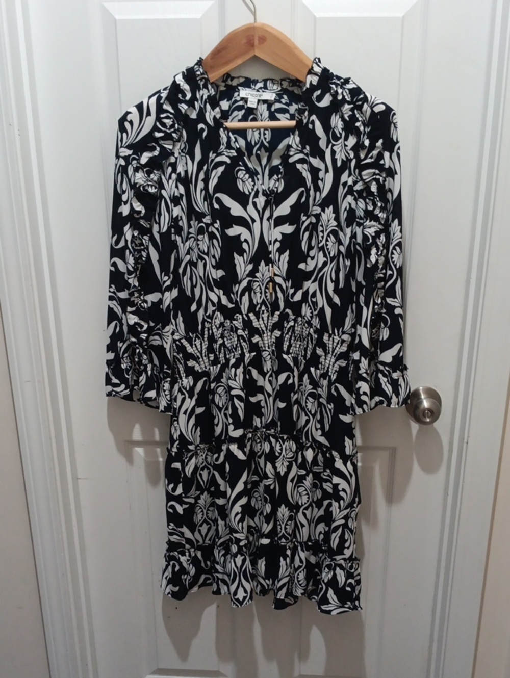Chico's Navy & White Floral-Print Long Sleeve Tiered Dress